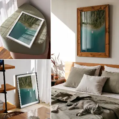 Wandposter Waldseebrücke in grün-blauer Klima-Optik