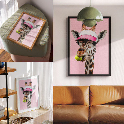 Poster Lustige Giraffe mit Mütze und Tennisball
