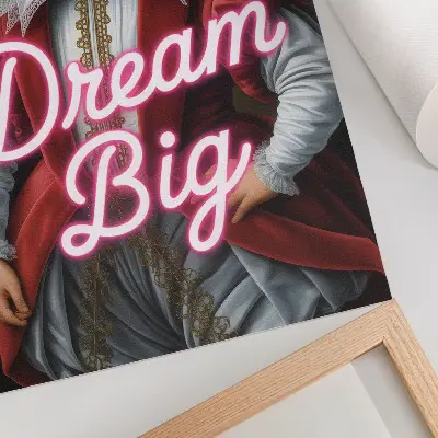 Kunstdruck auf Leinwand historisches Porträt mit kontrastierender Neoninschrift