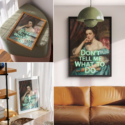 Poster Eine Frau in klassischer Pose mit einer ironischen Inschrift