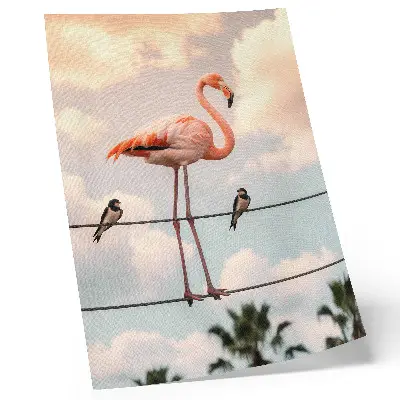 Poster Flamingo mit Himmel, Wolken und Schwalben im natürlichen Design