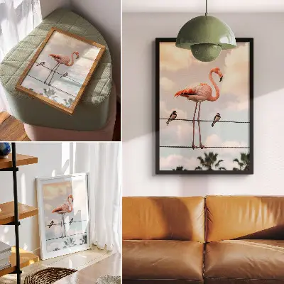 Poster Flamingo mit Himmel, Wolken und Schwalben im natürlichen Design