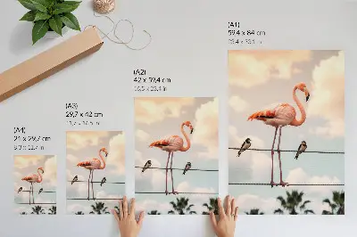 Poster Flamingo mit Himmel, Wolken und Schwalben im natürlichen Design