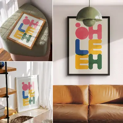 Wandposter mit geometrischen Buchstaben in leuchtenden Farben