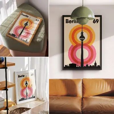 Wandposter mit Turm und bunten Ringen in Retro-Atmosphäre