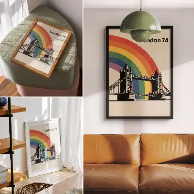 Poster ikonische Brücke mit schwarzer Silhouette und Regenbogen