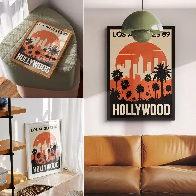 Wandposter mit Silhouetten von Palmen in einer modernen Großstadtatmosphäre