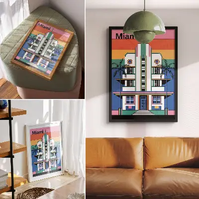 Poster mit Art-déco-Motiv in tropischen Farben und Palmen-Design für Miami-Feeling