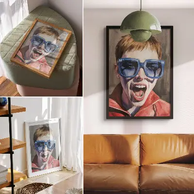 Wandposter Porträt einer Person mit Brille in lebendigen Farben und emotionalem Ausdruck