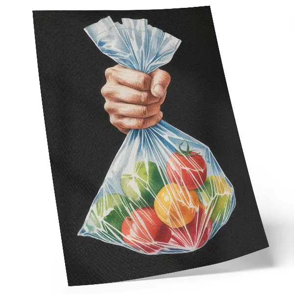 Poster mit einer Hand, die eine Plastiktüte voller bunter Früchte hält