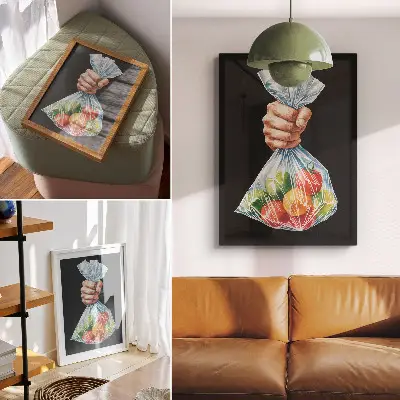 Poster mit einer Hand, die eine Plastiktüte voller bunter Früchte hält