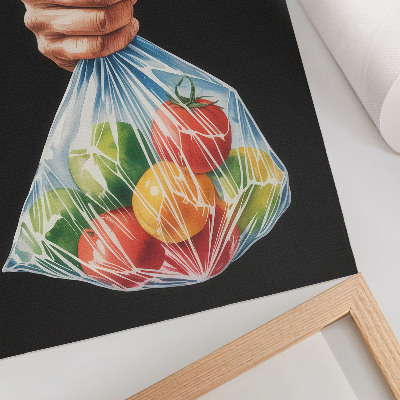 Poster Eine Hand mit einer Plastiktüte voller bunter Früchte