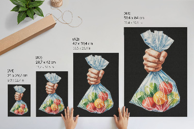Poster Eine Hand mit einer Plastiktüte voller bunter Früchte