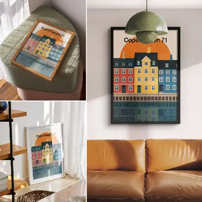 Kunstdruck auf Leinwand farbenfrohe Häuser am Wasser mit minimalistischer Ästhetik