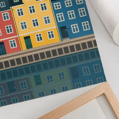 Kunstdruck auf Leinwand farbenfrohe Häuser am Wasser mit minimalistischer Ästhetik