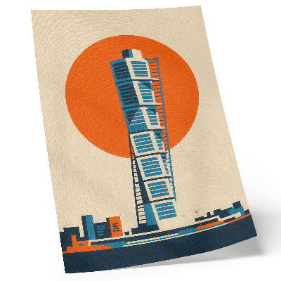 Wandposter Orangefarbene Sonne, moderne Wolkenkratzer, geometrische Formen