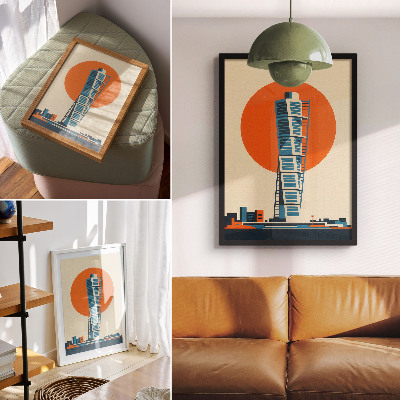 Wandposter Orangefarbene Sonne, moderne Wolkenkratzer, geometrische Formen