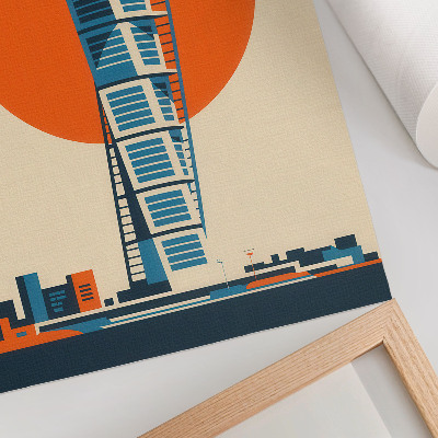 Wandposter Orangefarbene Sonne, moderne Wolkenkratzer, geometrische Formen