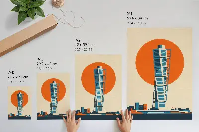 Wandposter orangefarbene Sonne mit modernen Wolkenkratzern und geometrischen Formen