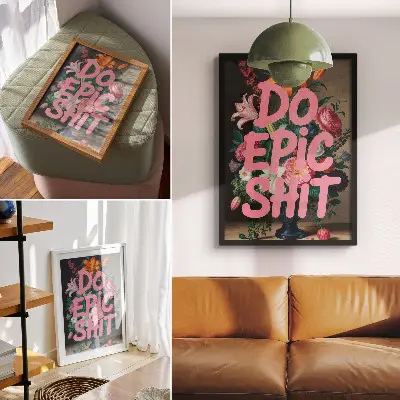 Kunstdruck auf Leinwand bunte Blumen mit pinkfarbener Schrift und lebhaften Kontrasten
