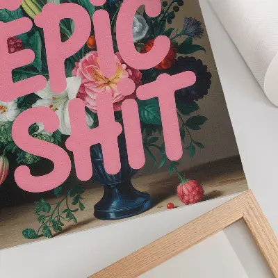 Kunstdruck auf Leinwand bunte Blumen mit pinkfarbener Schrift und lebhaften Kontrasten