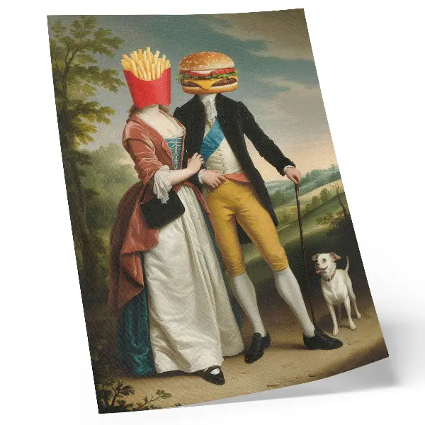 Wandposter surreale Szene mit humorvollen Köpfen aus Pommes und Hamburgern