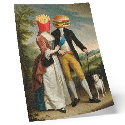 Wandposter surreale Szene mit humorvollen Köpfen aus Pommes und Hamburgern