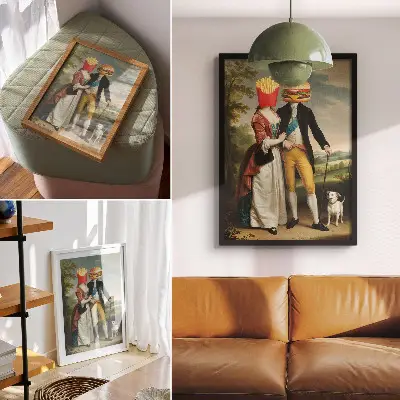Wandposter surreale Szene mit humorvollen Köpfen aus Pommes und Hamburgern