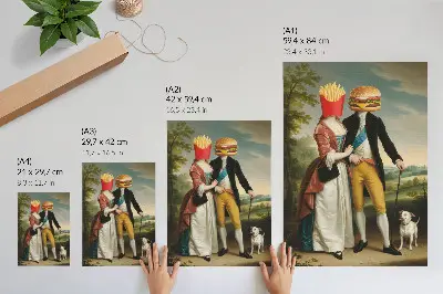 Wandposter surreale Szene mit humorvollen Köpfen aus Pommes und Hamburgern
