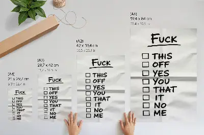 Poster mit schwarzem Text auf weißem Hintergrund und einer Liste von Optionen