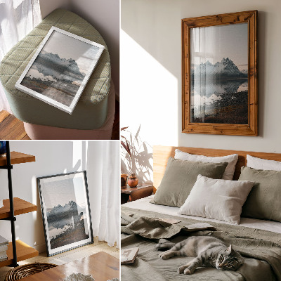 Wandposter Bergblick, Spiegelbild, ruhiges Wasser