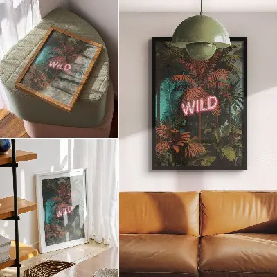 Wandposter mit Motiv frische tropische Blätter im Neon-Stil
