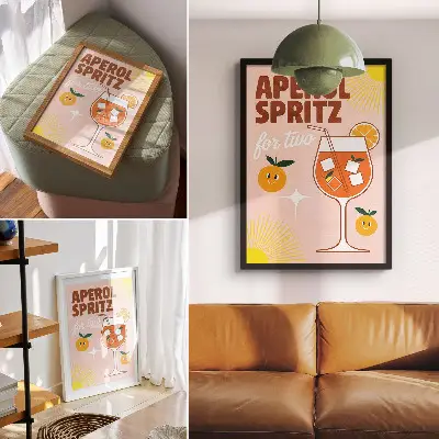 Kunstdruck auf Leinwand mit orange-gelbem lächelndem Frucht-Schriftzug