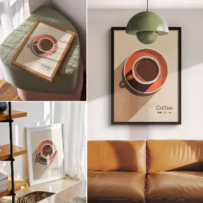 Wandposter Kaffeetasse in warmen Farben mit minimalistischem Design