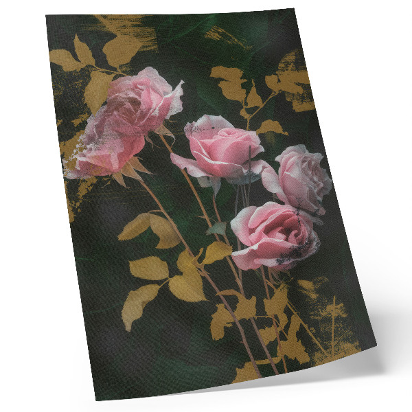 Kunstdruck leinwand Rosa Rosen, grüne Blätter, goldene Akzente, Eleganz
