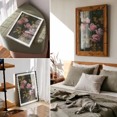 Kunstdruck auf Leinwand mit rosa Rosen, grünen Blättern und goldenen Akzenten für ein elegantes Ambiente
