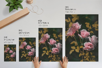 Kunstdruck leinwand Rosa Rosen, grüne Blätter, goldene Akzente, Eleganz