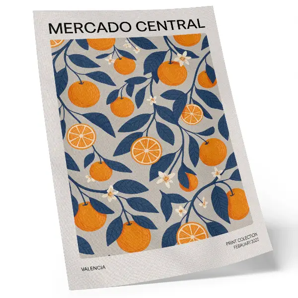 Kunstdruck auf Leinwand mit orangegrauem Hintergrund und dunklen Blättern im modernen Stil