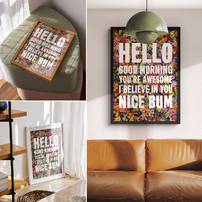 Wandposter Bunte Blumen mit weißem Text, moderne Typografie