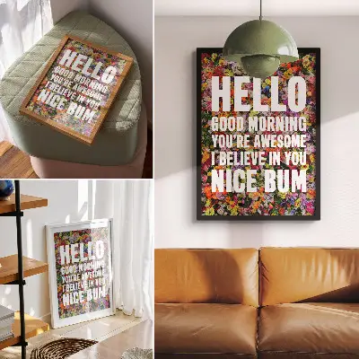 Wandposter bunte Blumen mit weißem Text und moderner Typografie