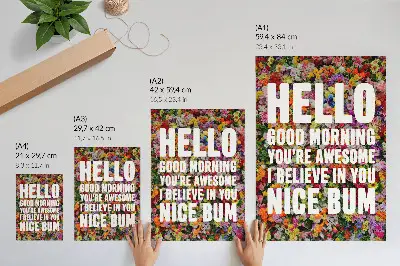 Wandposter bunte Blumen mit weißem Text und moderner Typografie