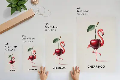 Wandposter rosa und roter Flamingo mit Kirsche als Fantasiekomposition