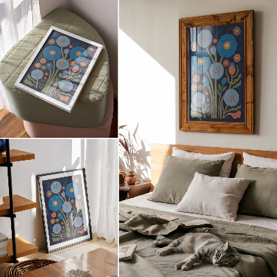 Kunstdruck leinwand Blaue Blumen, orange Akzente, marineblauer Hintergrund