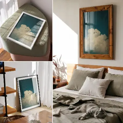 Poster weiße Wolken am türkisfarbenen Himmel mit zwei Vögeln im Weltraum