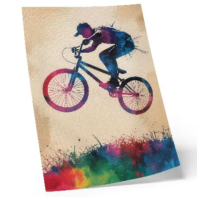 Kunstdruck auf Leinwand mit dynamischen Farben und modernem Radfahrer Motiv