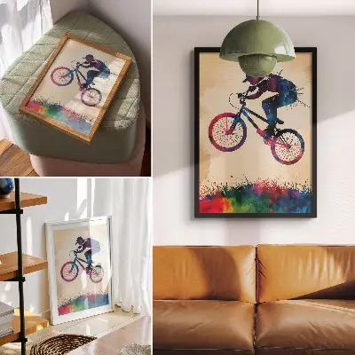 Kunstdruck auf Leinwand mit dynamischen Farben und modernem Radfahrer Motiv