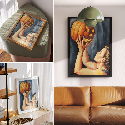 Poster Orangefarbener Kürbis, dunkelblauer Hintergrund, Surrealismus