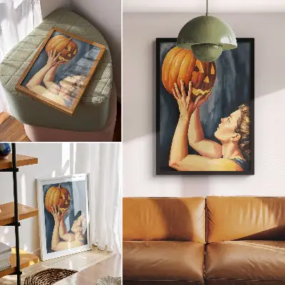 Poster orangefarbener Kürbis vor dunkelblauem Hintergrund im surrealistischen Stil