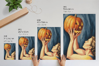 Poster Orangefarbener Kürbis, dunkelblauer Hintergrund, Surrealismus