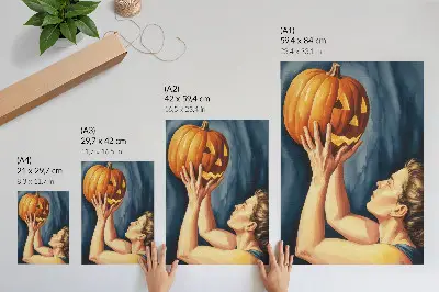 Poster orangefarbener Kürbis vor dunkelblauem Hintergrund im surrealistischen Stil